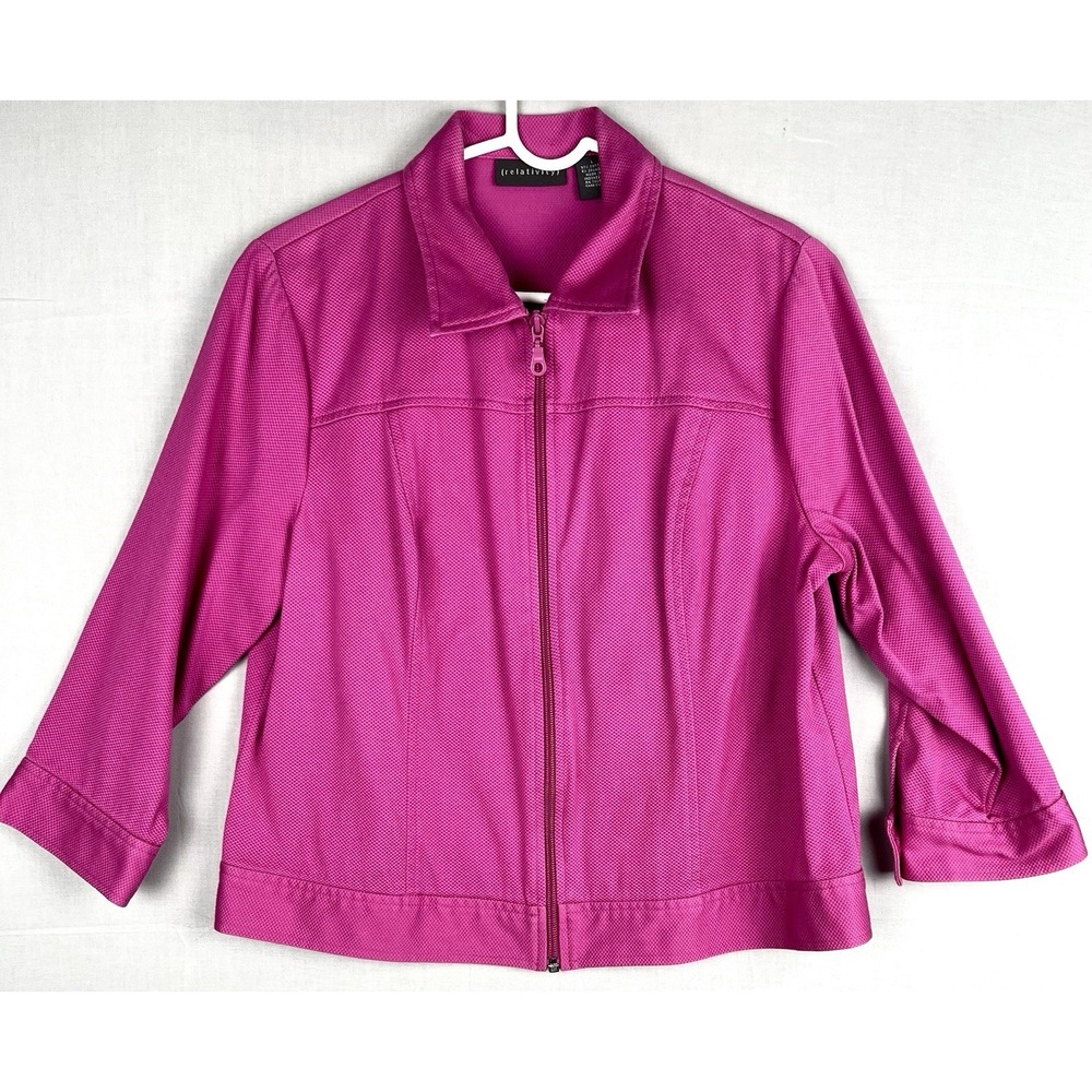 Relativity Womens Large Pink‎ Textured Full Zip Jacket 3/4 Sleeve Stretch Career